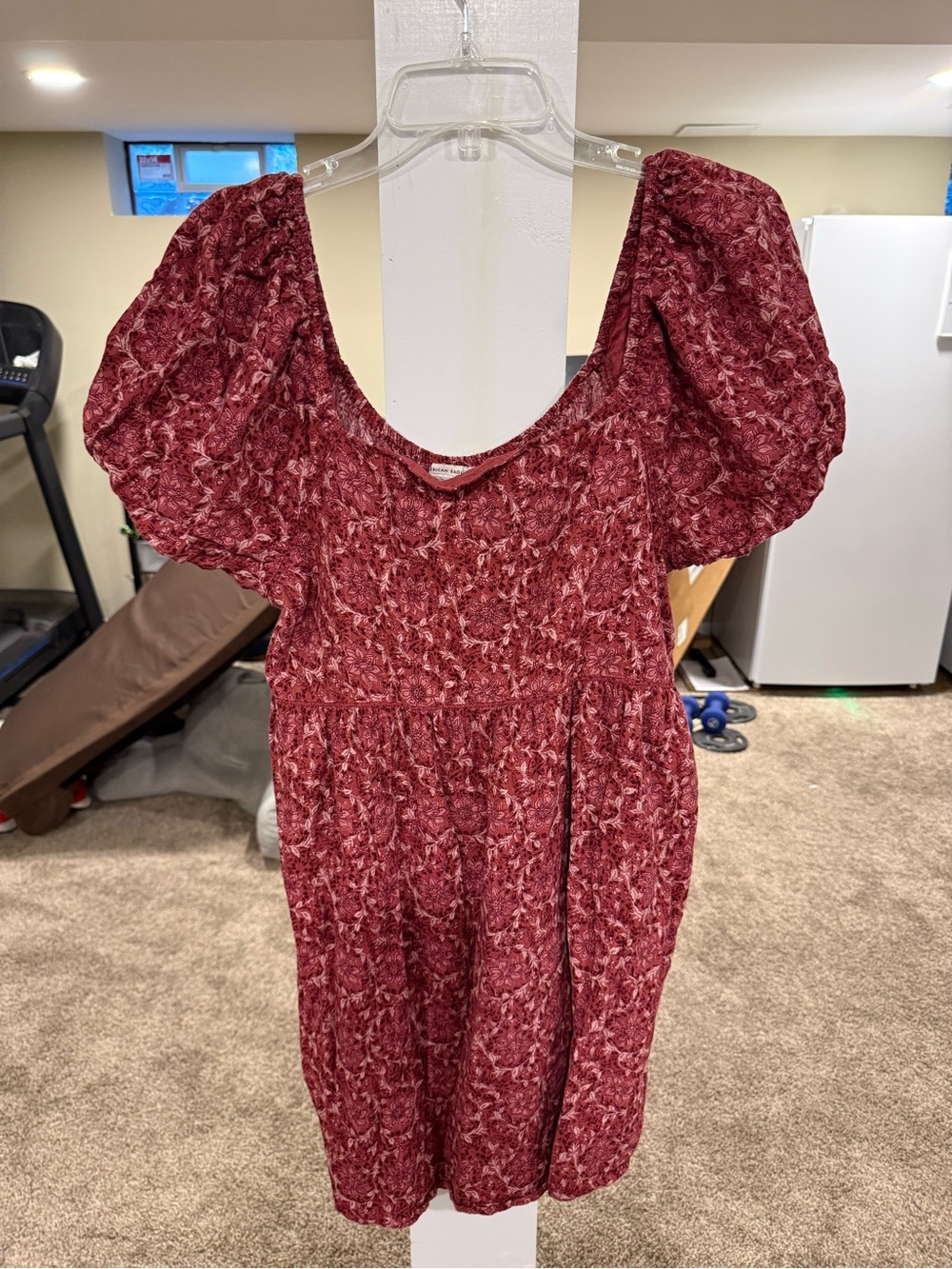 American Eagle Outfitters Burgundy Floral Puff-Sleeve Short Dress
